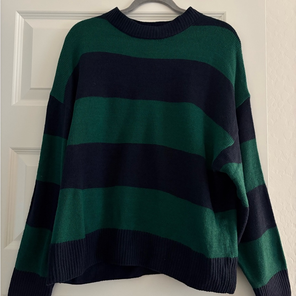 H&M Dark Green and Navy Wide-Stripe Crewneck Sweater